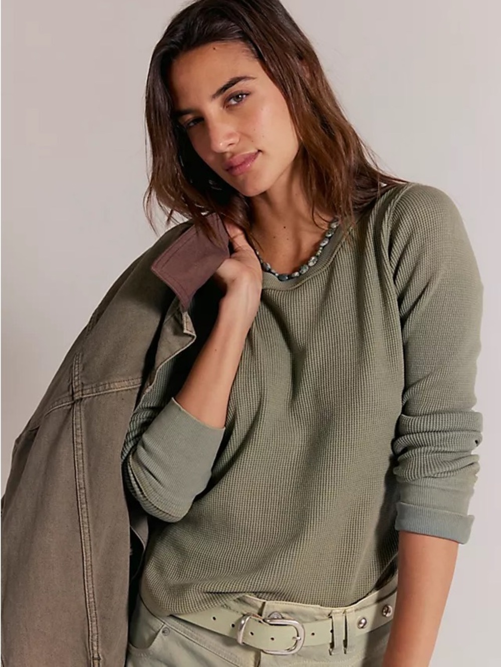 Free People Olive Waffle-Knit Long Sleeve Top